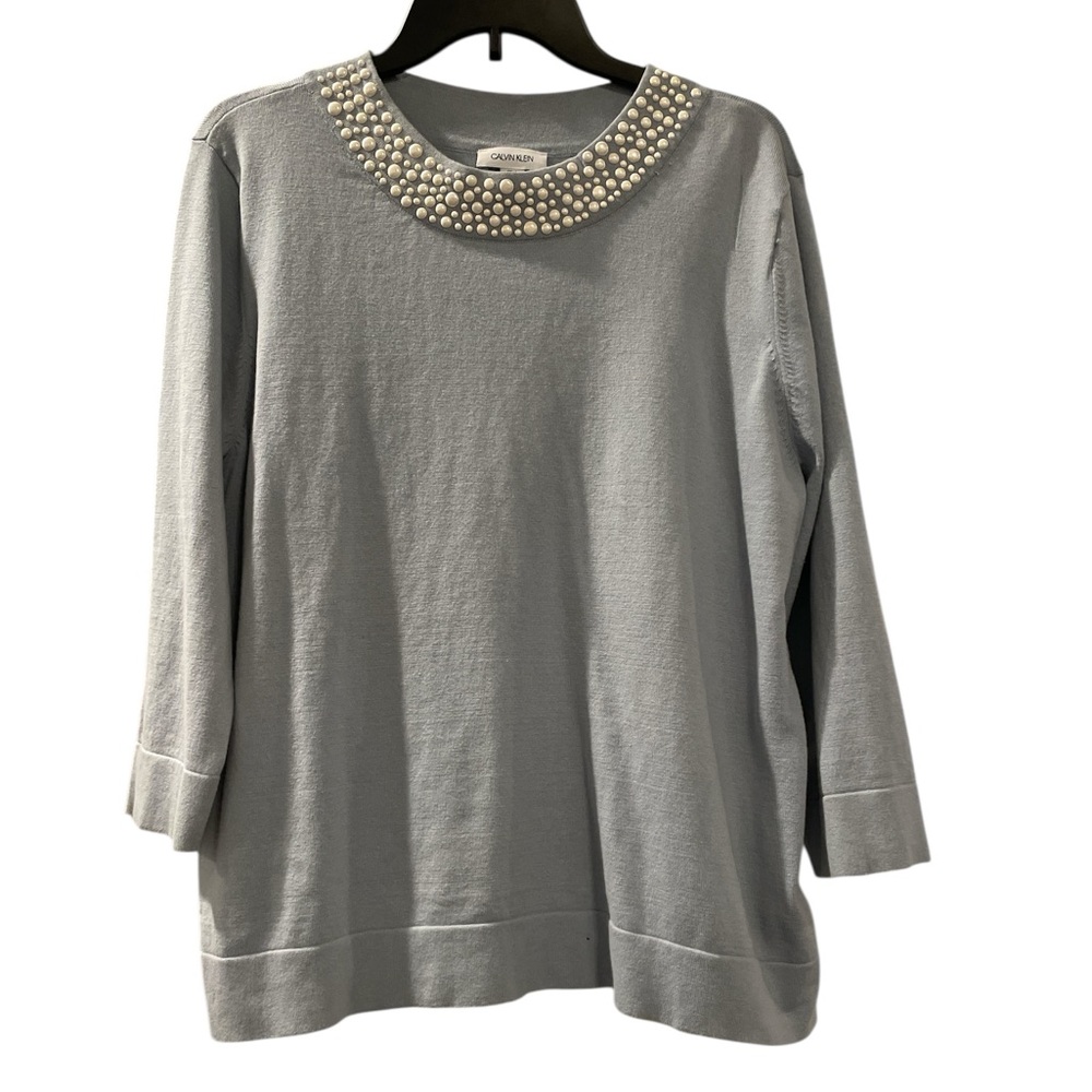 Calvin Klein Women’s 3/4 Sleeve Sweater Pale Blue Size XL Pearl Embellishment